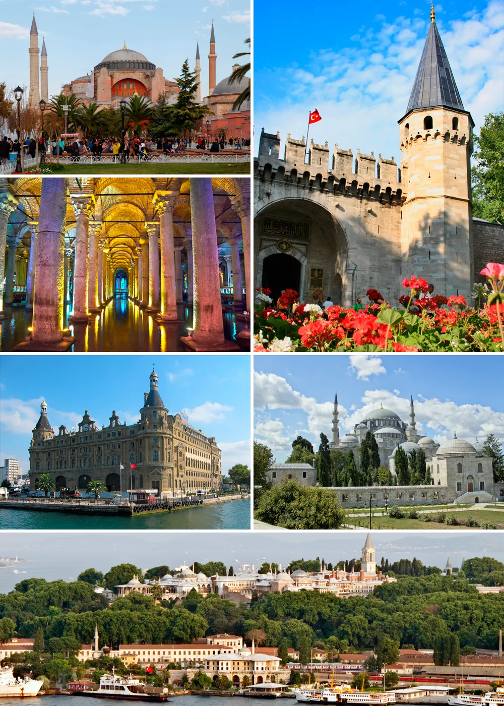 Collage van aanzichten van Istanbul, de stad onder de oranje regenwaarschuwing