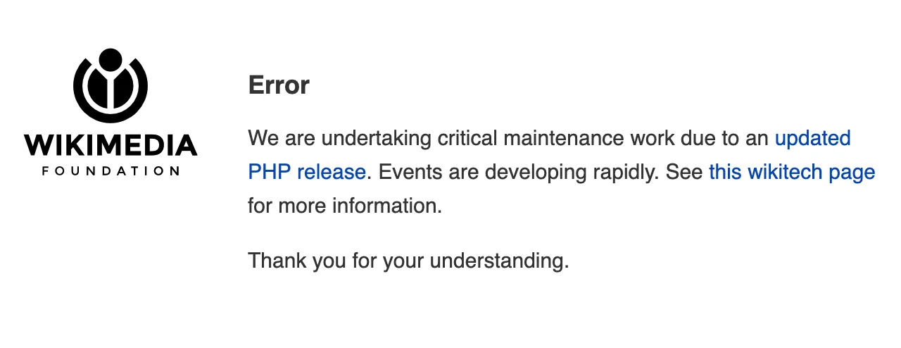 De Wikimedia Phabricator-omgeving zoals die op 21-10-2026 om 12:24 UTC offline stond tijdens het PHP2Shell-incident