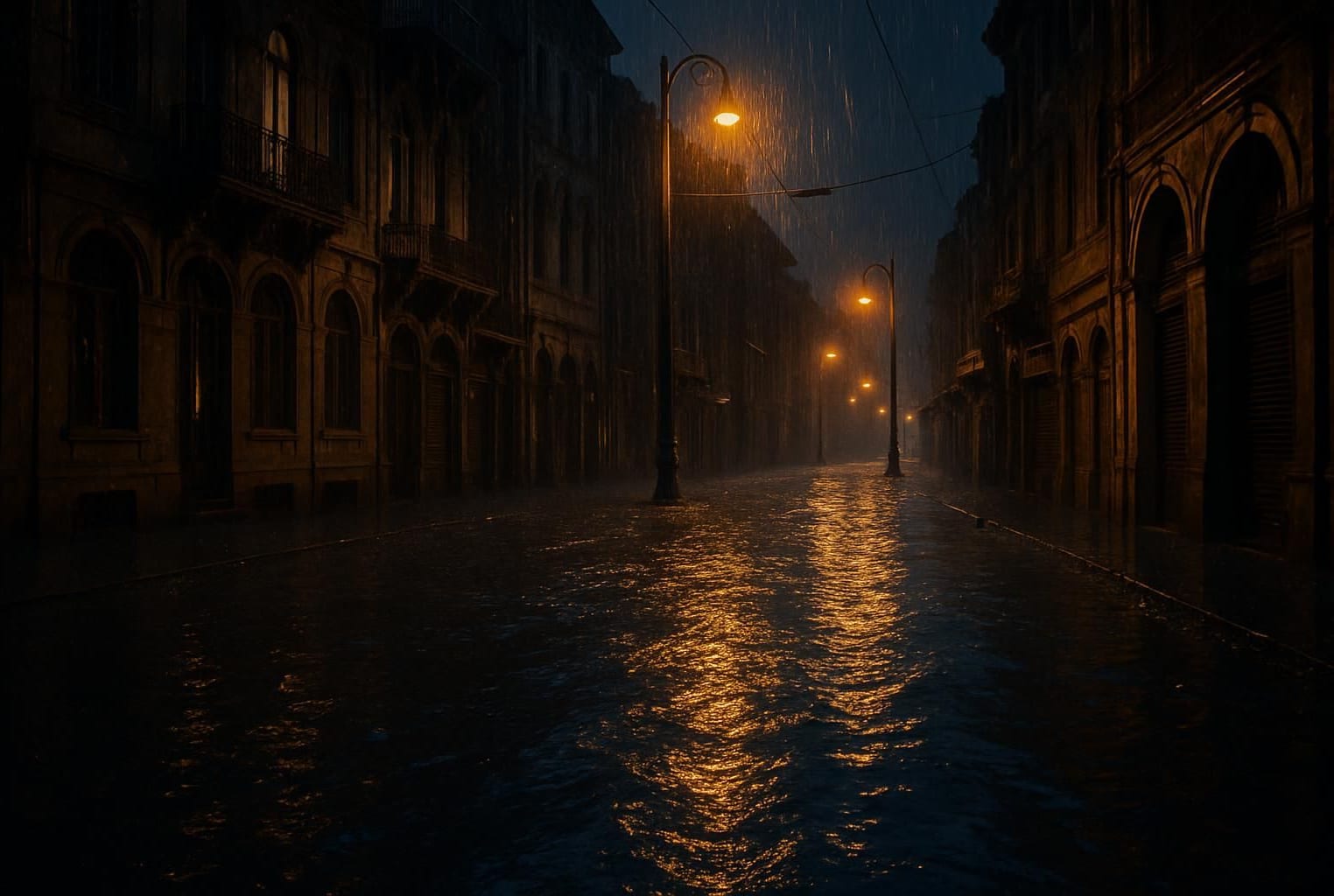 Een ondergelopen straat in Istanbul tijdens zware regenval in de nacht