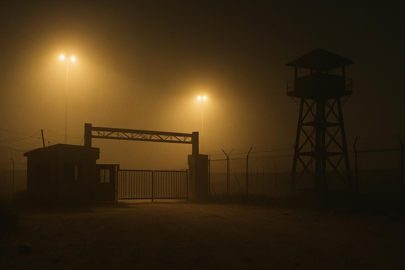 Een grensovergang tussen Turkije en Syrië bij nacht