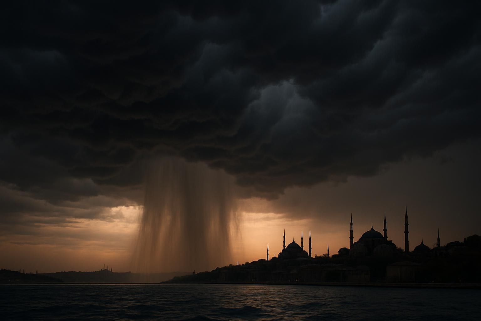 Donkere onweerswolken trekken bij schemering over de skyline van Istanbul